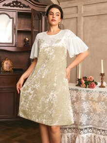 Côtesoire Plus Size Women's Round Neck Ruffle Short Sleeve Loose Elegant Nightgown - Apricot - View 5