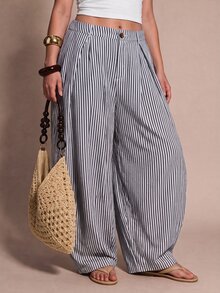 SHEIN BAE CURVE 大尺碼女款休閒波西米亞風度假黑白格紋紋理條紋寬鬆拼接長褲，適合外出、日常、萬聖節 - 藏蓝色 - 查看 3