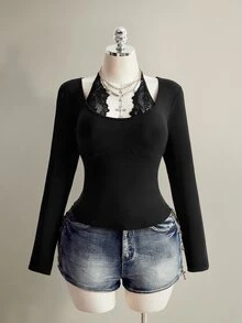 SHEIN ICON Women's Plus Size Lace Patchwork Casual Versatile Daily Wear T-Shirt - Black - View 3