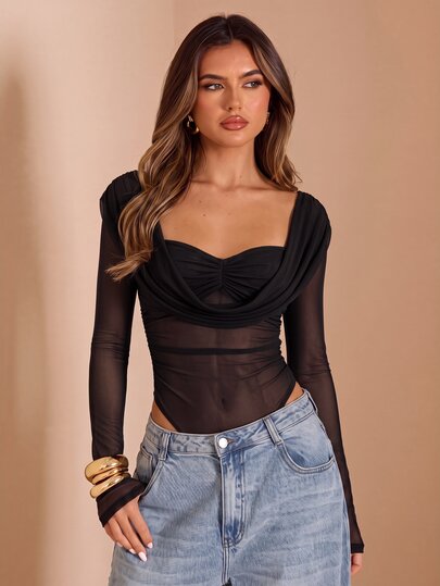 SHEIN BAE Body de manga larga con cuello drapeado de unicolor para mujer