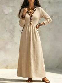 Zayélia Women Contrast Trim VNeck Ribbed Knit Maxi Dress, Long Sleeve High Waist Pleated Modest Long Dress With Pockets - Multicolor - View 4
