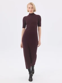 KÆRIA Hus Short Sleeve High-Neck Midi Dress - Lyocell Knit - Deep Burgundy - Workwear, Column Dress, Bodycon - Burgundy - View 2