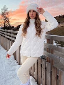 SHEIN BASICS Women's Solid Color Zipper Casual Versatile Winter Padded Coat - White - View 5