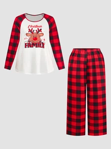 Chillnights Cute Christmas Reindeer Plaid Snowflake Print Raglan Sleeve Loose Plus Size Pajama Set - Multicolor - View 1