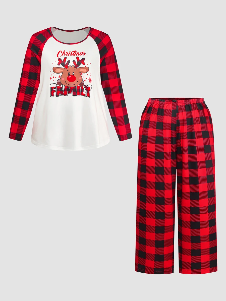 Chillnights Cute Christmas Reindeer Plaid Snowflake Print Raglan Sleeve Loose Plus Size Pajama Set - Multicolor - View 1