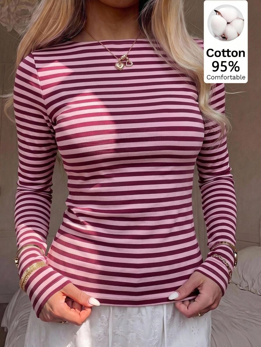 CovetEZ 女款極簡條紋拼接長袖T恤街頭風 - 彩色 - 查看 1