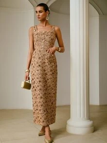 ZEYLAH Square Neck Waist-Cinching Straight Sleeveless Dress - Khaki - View 5