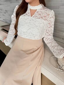 Bijouette Gaun Lengan Panjang Renda Patchwork Lembut untuk Wanita Ukuran Plus, Cocok untuk Pemakaian Sehari-hari dan Kencan - Putih - View 3