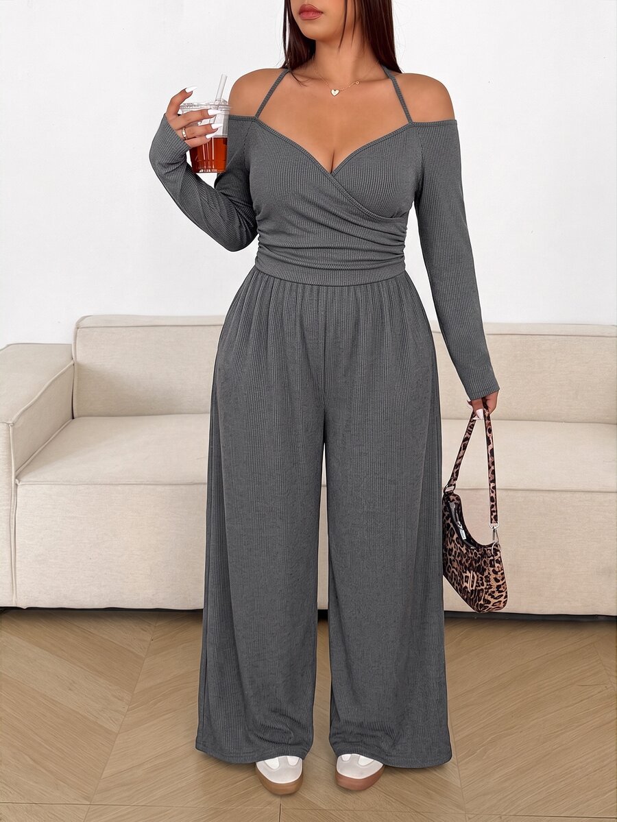 Sunnyshic Plus Size Freela Women's Solid Color Cold Shoulder Pleated Wide Leg Casual Jumpsuit - Black - View 1