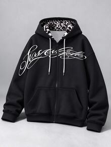 NobleFwd Men's Loose Zip-Up Hoodie, Los Angeles Script Print Jacket, Leopard Print Lining Casual Streetwear Sweatshirt Men's Zip-Up Hoodie - Multicolor - View 3