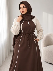 Solavon Plus Size Women's Colorblock Long Sleeve Casual Loose Fit Dress - Brown - View 7