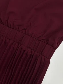 SHEIN Raffinéa Women's Elegant Daily Mid-Length Wine Red Dress, Versatile Fashionable Stand Collar With V-Neckline Pleated Skirt,Fall Winter Office Commuter - Burgundy - View 4