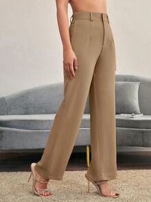 Easowa 女款純色高腰百褶直筒寬鬆休閒優雅商務專業西裝長褲，夏季教師節辦公海軍藍 - 駝色 - 查看 5