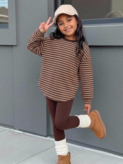 Young Girl Young Girl Brown Striped Knit Long Sleeve Crew Neck T-Shirt + Leggings 2 Pieces Set, Suitable For Daily Wear, Autumn, Winter, Back To School And Halloween Party, Christmas, School