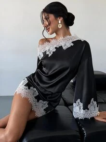 Firerie 女款優雅秋季沙烏地國慶返校季不對稱單肩蕾絲拼接喇叭袖淺灰藍迷你洋裝 - 黑色 - 查看 8