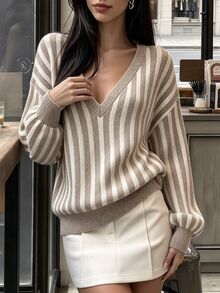 Cévolie Brown Striped Long Sleeve V-Neck Pullover Sweater Autumn - Coffee Brown - View 1