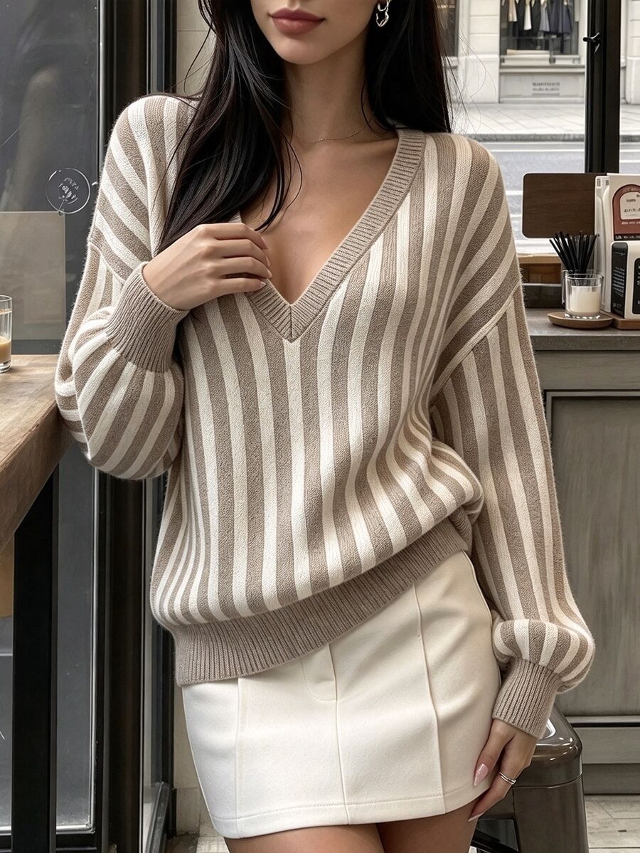 Cévolie Brown Striped Long Sleeve V-Neck Pullover Sweater Autumn - Coffee Brown - View 1