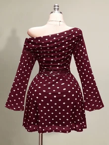 SHEIN ICON 大尺碼女款棕色波點網格單肩長袖迷你洋裝，秋季，1920年代 Flapper 90年代，夜晚約會、夜店、早午餐，Y2K 90年代優雅秋季 - 酒紅色 - 查看 2