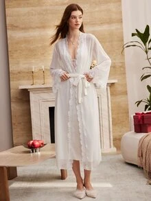 Moireta Women's Solid Color Contrast Lace Robe And Camisole Nightgown Elegant Sleepwear Set - White - View 6