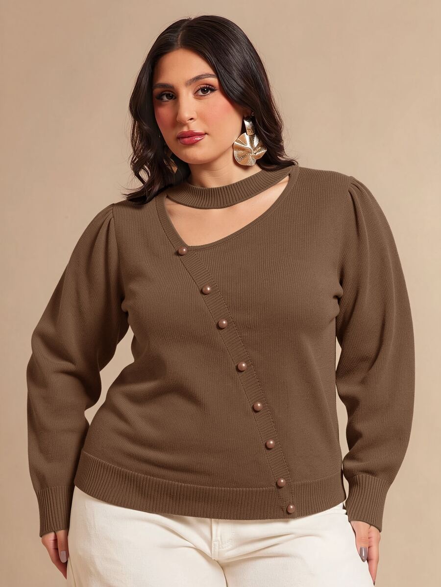 Juhart Plus Size Women Solid Color Asymmetric Cutout Design Long Sleeve Button Detail Pullover Sweater - Brown - View 1