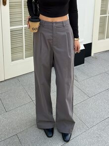 SHEIN EZwear بنطال عمل نسائي بسيط بأزرار وكسرات للتنقل والمكتب - رمادي - مشاهدة 8