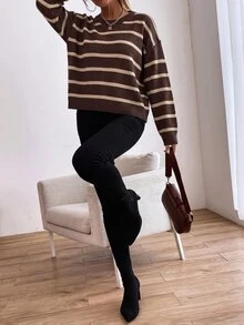 Sprig & Strand 女款條紋圓領落肩長袖休閒針織套頭毛衣，秋冬款 - 咖啡棕 - 查看 3