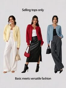 SHEIN BASICS 女款復古休閒純色單排扣長袖針織開襟衫 適合辦公、日常、校園、商務場合 橄欖綠 秋冬款 - 霧霾藍 - 查看 8