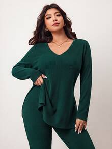 Enliva Plus Size Chocolate Brown Autumn Loungewear Casual Soft Form Ribbed 2 Pieces Set Curve Friendly Homewear Compatible With Apple Rounded Women Clothing Sets - Dark Green - View 5