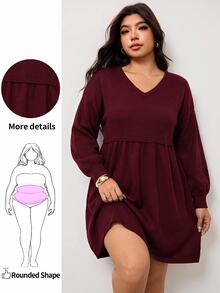 Enliva Plus Size Women Solid Color Pleated V-Neck Casual Everyday Knit Dress - Burgundy - View 1