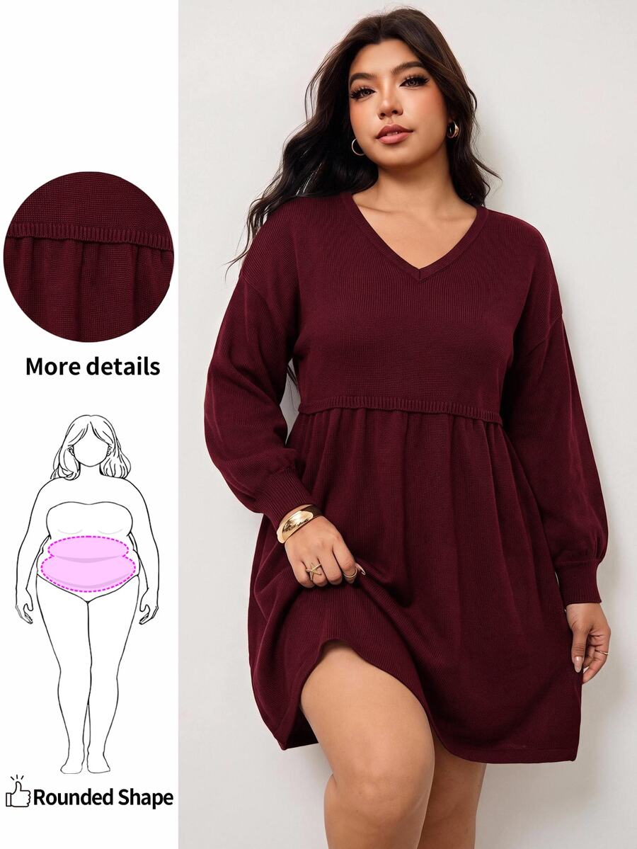 Enliva Plus Size Women Solid Color Pleated V-Neck Casual Everyday Knit Dress - Burgundy - View 1