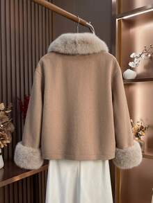 Balvessa Winter Women's Plush Patchwork Casual Versatile Wool Blend Jacket - Khaki - View 2