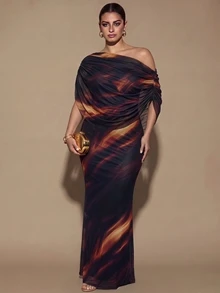 SHEIN BAE CURVE 大尺碼女款棕色長款抓褶洋裝，優雅長洋裝，適合外出與約會穿著 - 彩色 - 查看 1