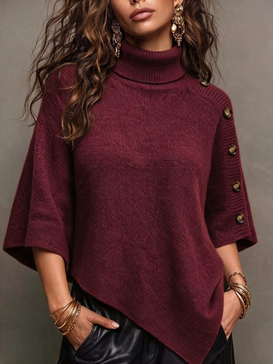 SHEIN 新款秋冬法式慵懶不對稱針織披肩女款 高領鈕扣設計短袖寬鬆版型 - 酒紅色 - 查看 1