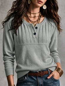 SHEIN Elegant Beige Ribbed Knit Long Sleeve Top, Vintage Half-Button Henley Collar, Commuter Outerwear Base Layer Sweater - Light Grey - View 3