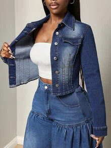 BamGleam Women's Cinched Waist Button Long Sleeve Denim Jacket - Medium Wash - View 8