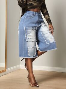BamGleam Women's Button Fashion Frayed Hem Loose Fit Cropped Denim Pants - Light Wash - View 5