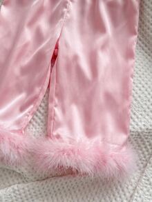 Dozemod Baby Girl Sweet Minimalist Bow Pattern Lapel Button Ruffle Trim Long Sleeve Long Pants Comfortable Skin-Friendly Knit Pajama Set 2pcs - Baby Pink - View 4