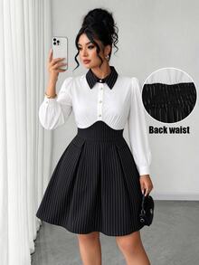 Elenzga Plus Size Women's Autumn Fashion Office Commute Colorblock Patchwork Striped Print Cinched Waist Pleated A-Line Short Blouse Long Sleeve Dress Fall - Black and White - View 7