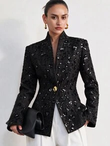 Aveloria Modichic 歐美時尚優雅法式極簡金屬扣純色無領女款西裝外套 辦公室穿搭 灰褐色 夏季 - 黑色 - 查看 2