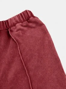 SHEIN 女童字母印花圓領短袖T恤與長褲休閒日常套裝 - 酒紅色 - 查看 4