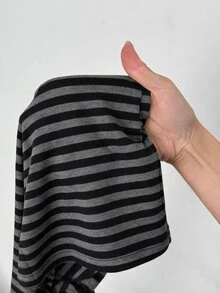 SHEIN PETITE 女款條紋長袖上衣與長褲休閒日常兩件套 - 黑色 - 查看 8