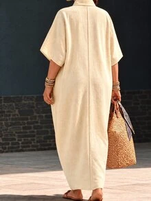 Linhara CURVE Plus Size Women's Apricot Casual Summer Country Style Elegant Vacation Button Half-Placket Batwing Sleeve Dress - Apricot - View 2