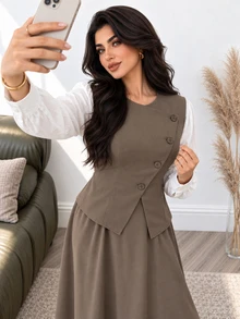 Solavon Plus Size Women's Colorblock Long Sleeve Top And Skirt Casual 2 Pieces Set - Coffee Brown - View 4