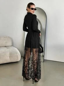 Ellevyn High Neck Black Contrast Lace Long Dress Autumn Outfit For Women Elegant Long Dress - Black - View 2