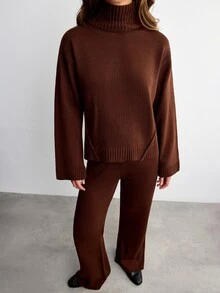 SHEIN Damset med avslappnad polotröja med ribbstickade detaljer och raka stickade byxor - Rostad brun - Visa 4