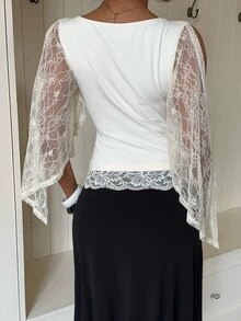 Siren Gaze Autumn/Winter New Lace Patchwork Waist-Cinching Top - Apricot - View 2