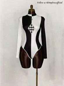 SHEIN ICON 女款假領長袖修身連身衣，適合秋冬與夏季 - 彩色 - 查看 1