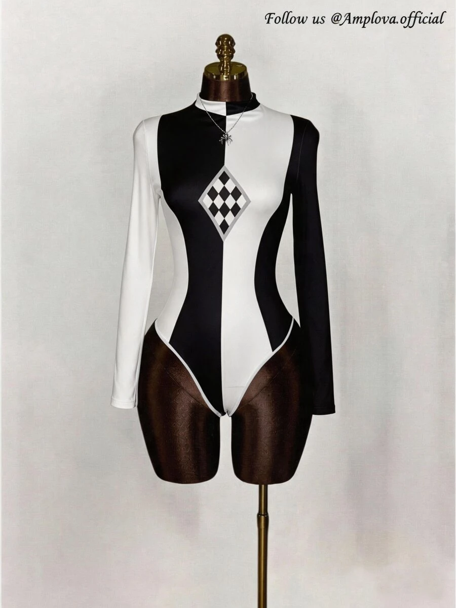 SHEIN ICON 女款假領長袖修身連身衣,適合秋冬與夏季 - 彩色 - 查看 1