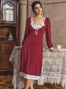 Côtesoire Women's Elegant Southern French Style Contrast Color Lace Long Sleeve Nightgown - Burgundy - View 4