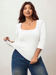 Enliva Áo thun nữ size lớn ôm dáng co giãn cao, cổ vuông, tay lỡ 3/4, chất liệu thân thiện với da, phù hợp cho mùa thu, hợp với dáng người quả táo và dáng tròn, phong cách lễ hội mùa thu - trắng - Xem 3